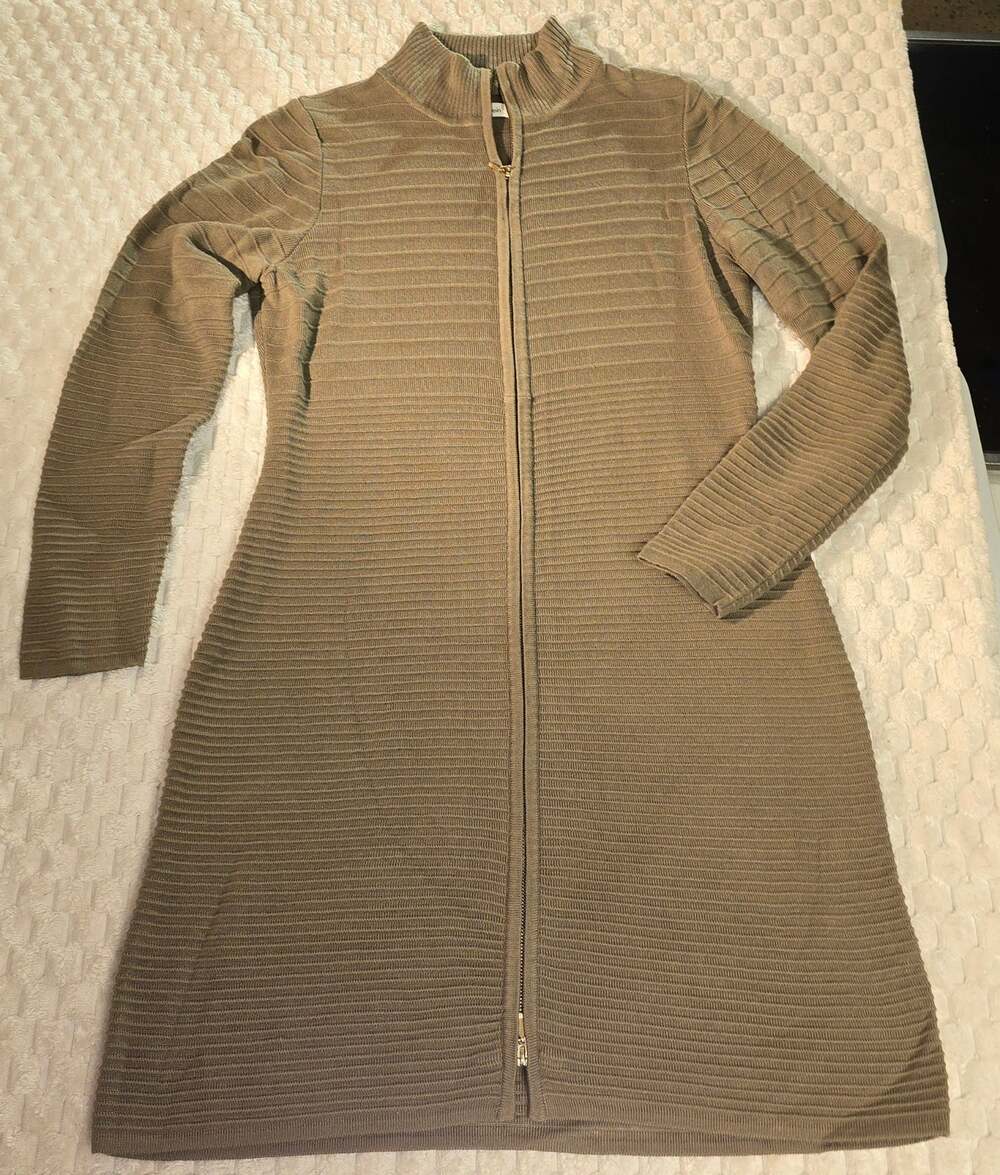 Calvin Klein Women's L Sweater Dress Taupe Ribbed Knit Full Zip Long Sleeve Midi